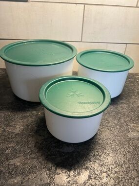 Tupperware set of 3 White canisters One Touch with Green Lids - 3-Piece Set